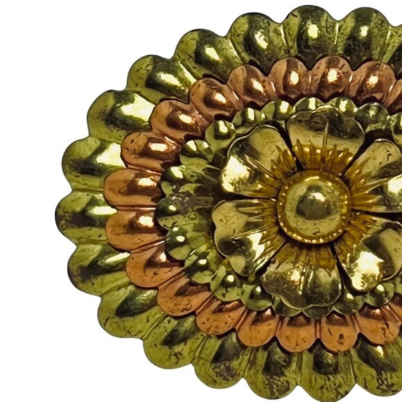Oval Copper & Gold Tone Layered Flower Brooch With Pin Clasp (5734) - Picture 4 of 7